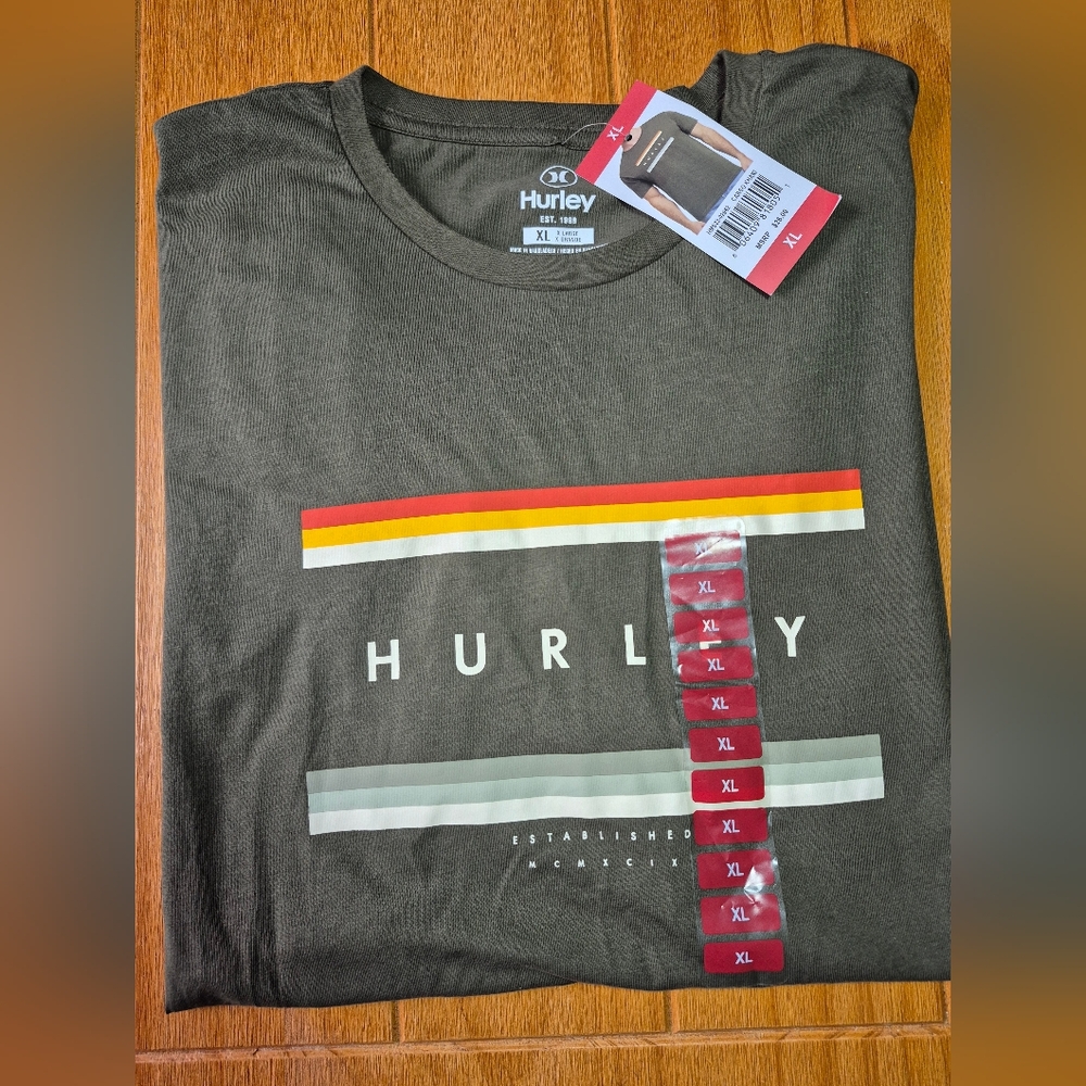 Hurley Olive Stripe Graphic Tee - Size XL